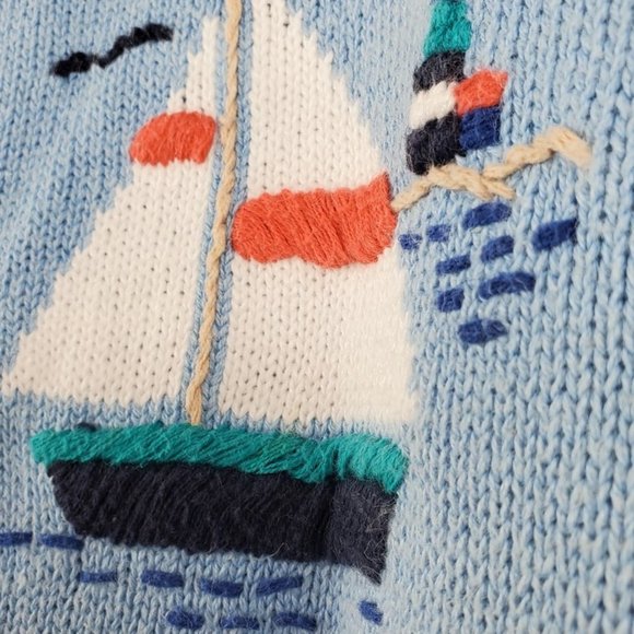 Sag Harbor Nautical Crew Neck Sky Blue Knit Embroidered Sweater, Size XS - Picture 3 of 6